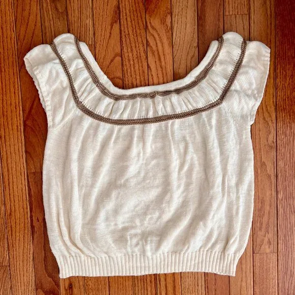 Knitted & Knotted cap sleeve cream-colored sweater - Size Large - Picture 2 of 4